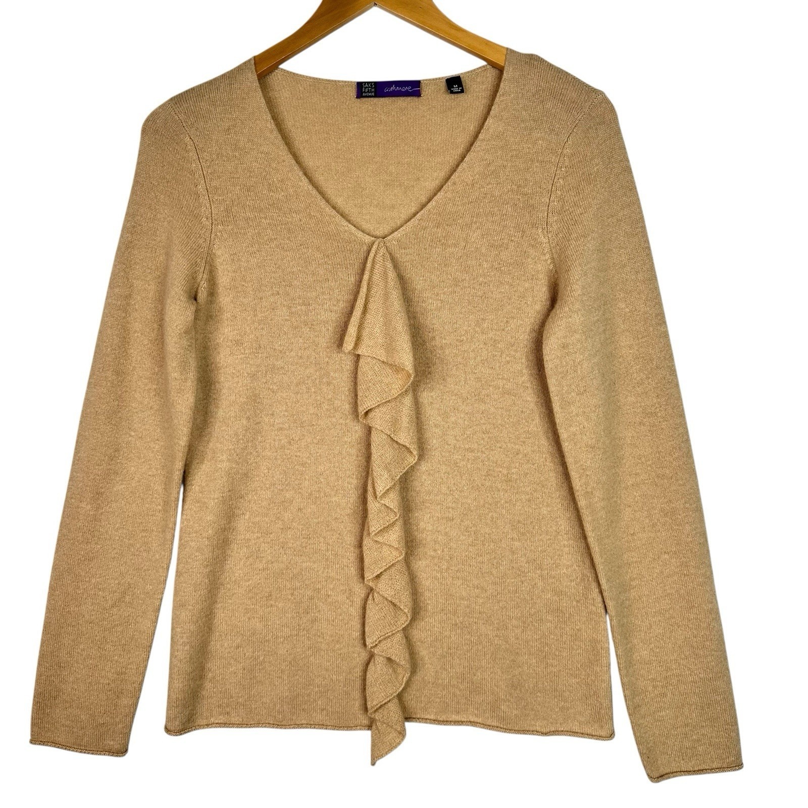 Saks Fifth Avenue 100% Cashmere Sweater Womens M Camel Ruffle V Neck Knit